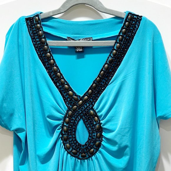 Designers Originals Top Small Blue Beaded Embellished Stretch Knit Blouse - Picture 2 of 6